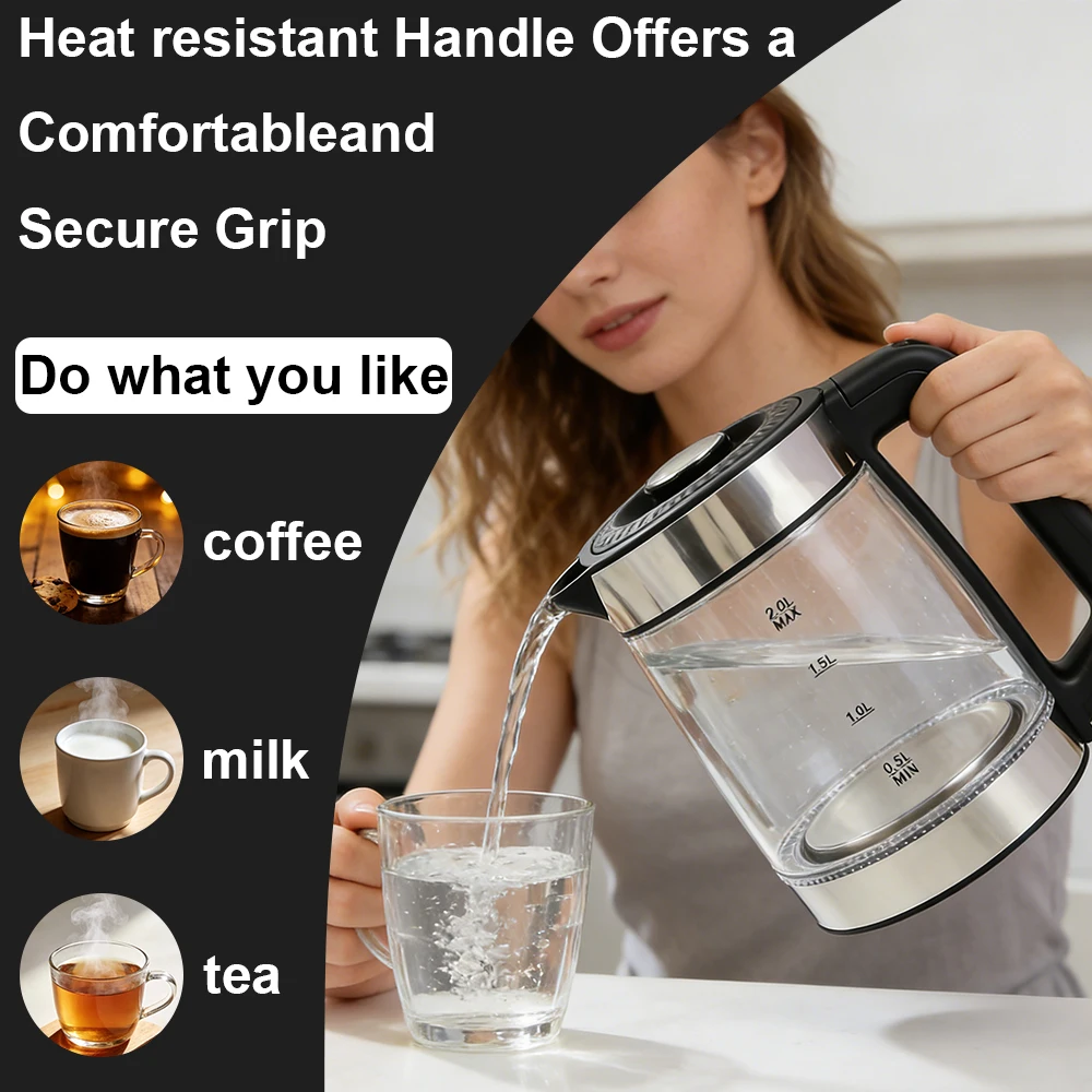2.2L Clear Glass Electric Kettle Fast Heating Boiler Auto Shut Off Anti-Dry Burn Portable Water Kettle for Kitchen