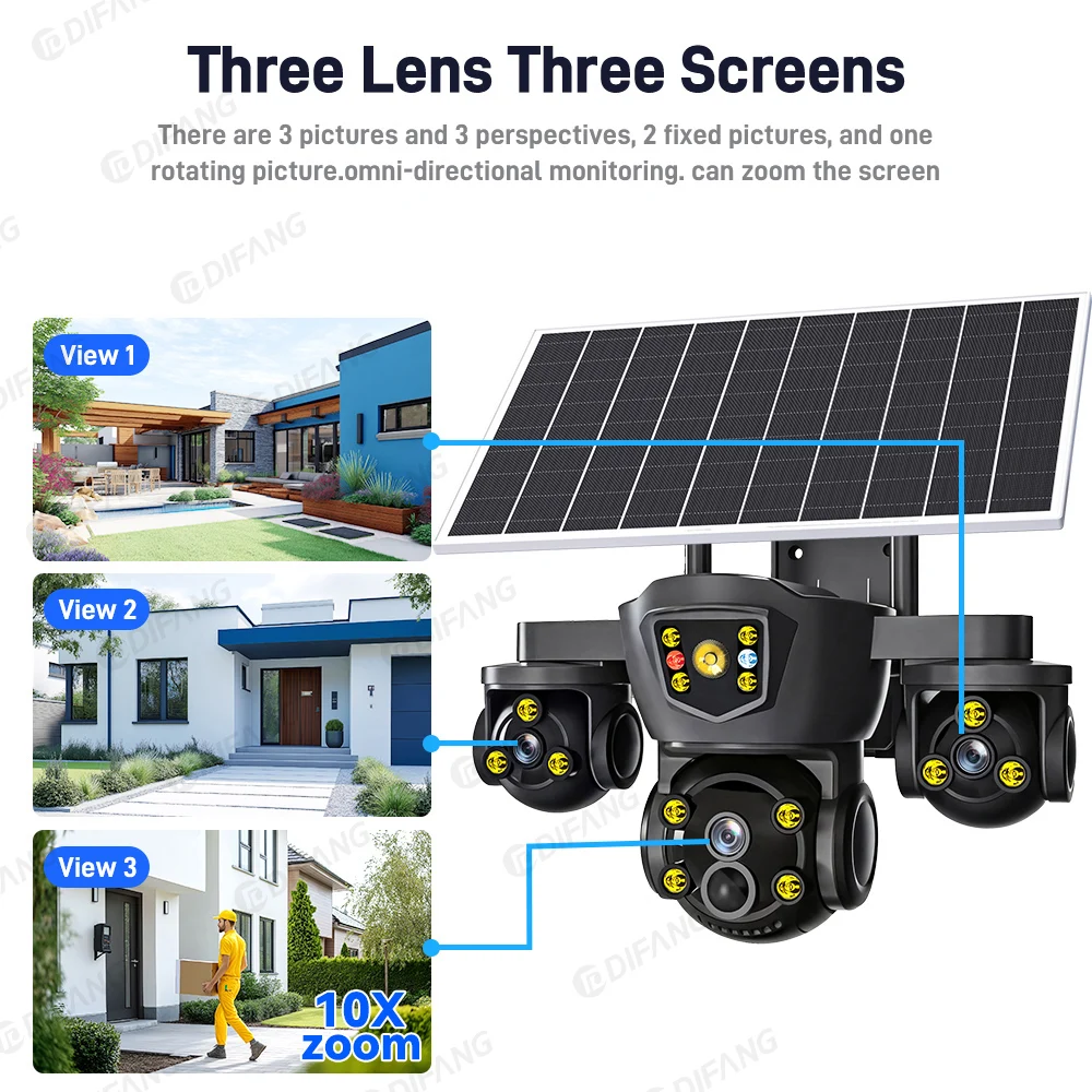 V380 Pro Triple Screen Solar Security Camera Outdoor Triple Lens, WiFi Battery CCTV External WiFi Cam
