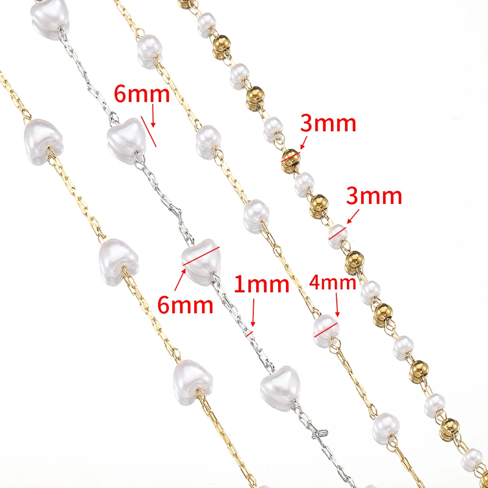 1 Meter Stainless Steel Heart Shape Pearl Beads Chain for DIY Necklace