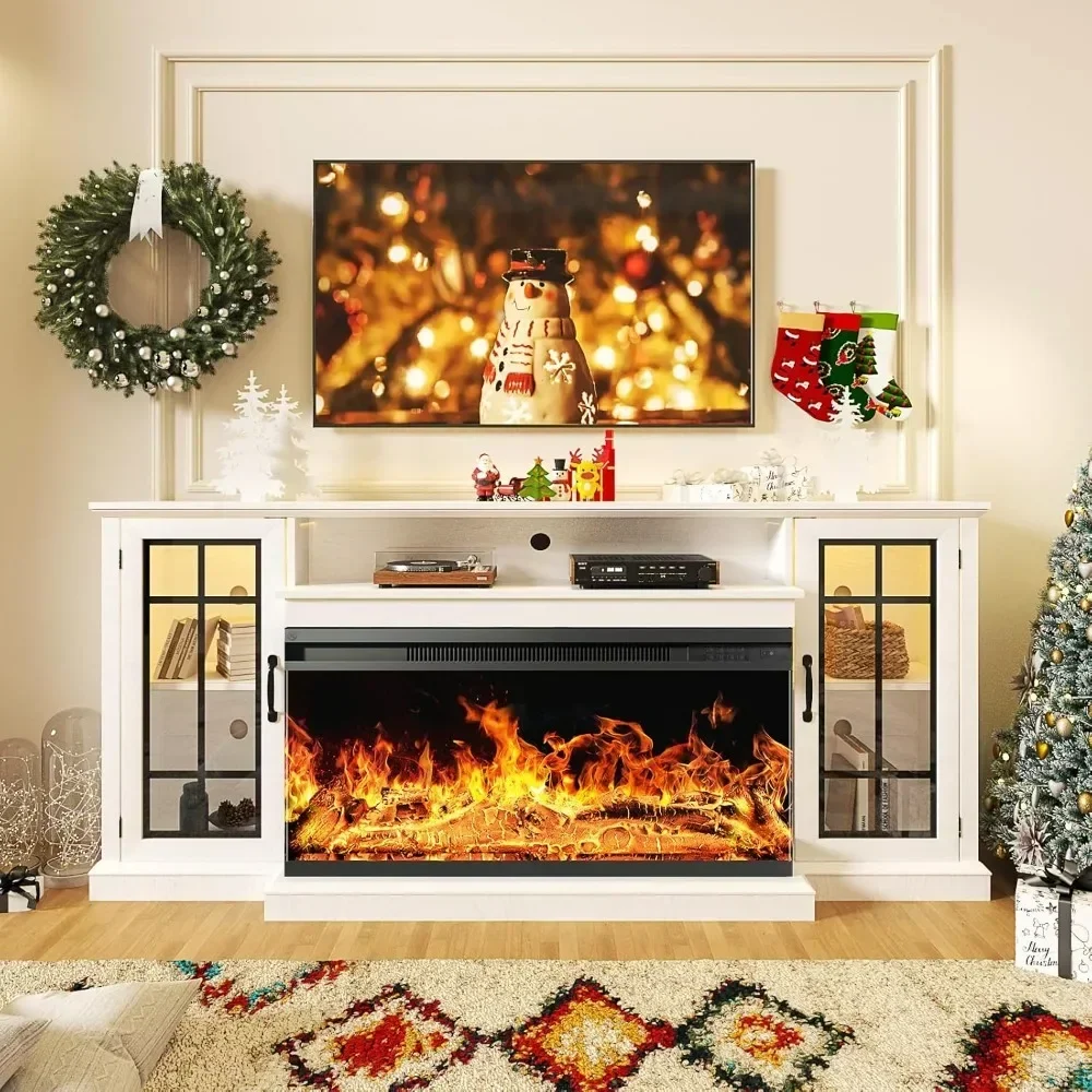 36 Inch 3-Sided Glass Fireplace TV Stand for TVs Up To 80