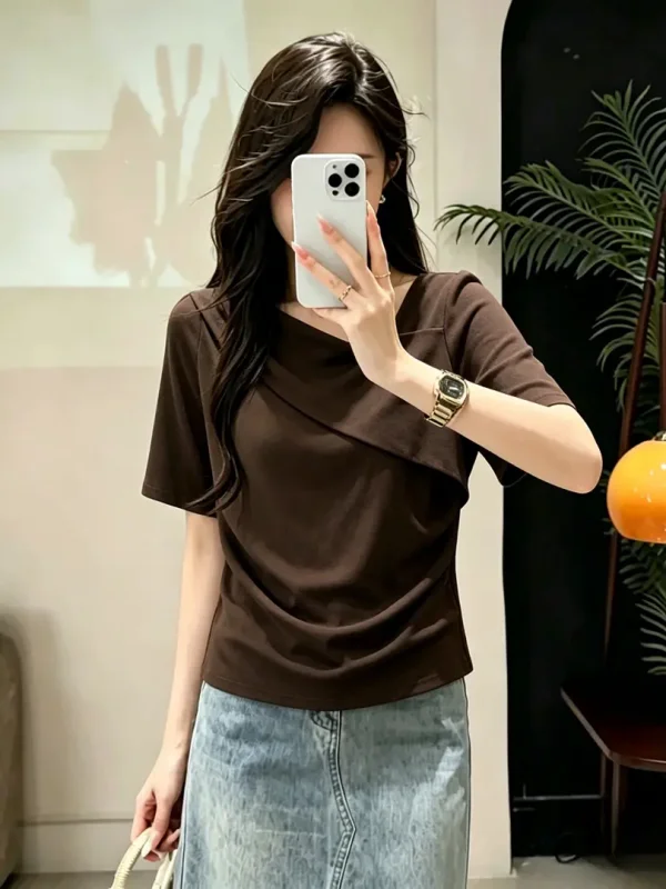 Summer 2026 Women's Casual Cotton T-shirt Short Sleeve Patchwork  Color Versatile Shoulder Length Diagonal Collar Top