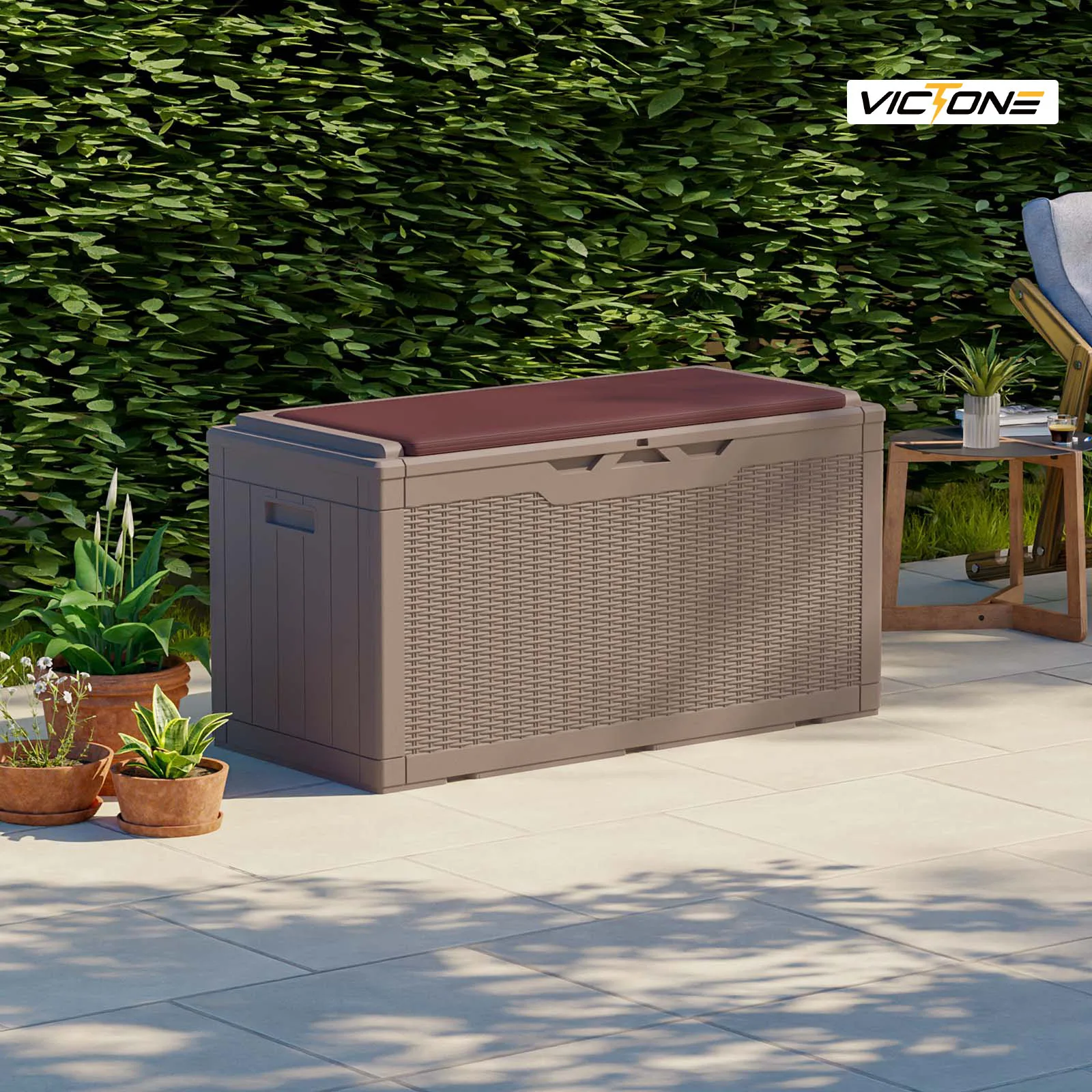 Victone 100 Gallon Resin Deck Box with cushion, Large Outdoor Waterproof Storage Box with Padlock for Patio Furniture, Brown