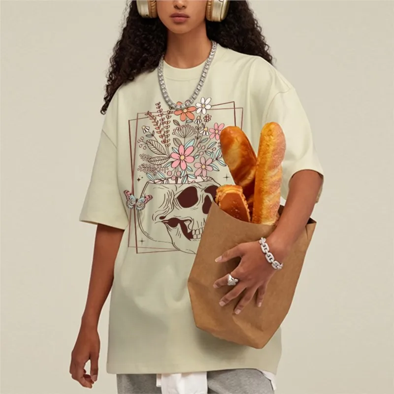 

Vintage Cotton T-Shirt Hand-Painted Lines Skull Flower Graphic Print Washed Tee Blouse Men Crew Neck Short Sleeves Pullover Tops