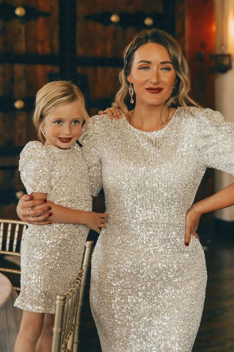 Sparkling Sequins Mother Daughter Party Dress Ankle Mommy and Me Birthday Wedding Nuptials Dress Zipper Back Photoshoot Gown