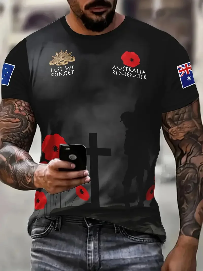 Men's ANZAC Day Graphic T-Shirt Tops Casual Round Neck Short Sleeve Tshirts Men's Australian Flag Graphic Tee Shirts Streetwear