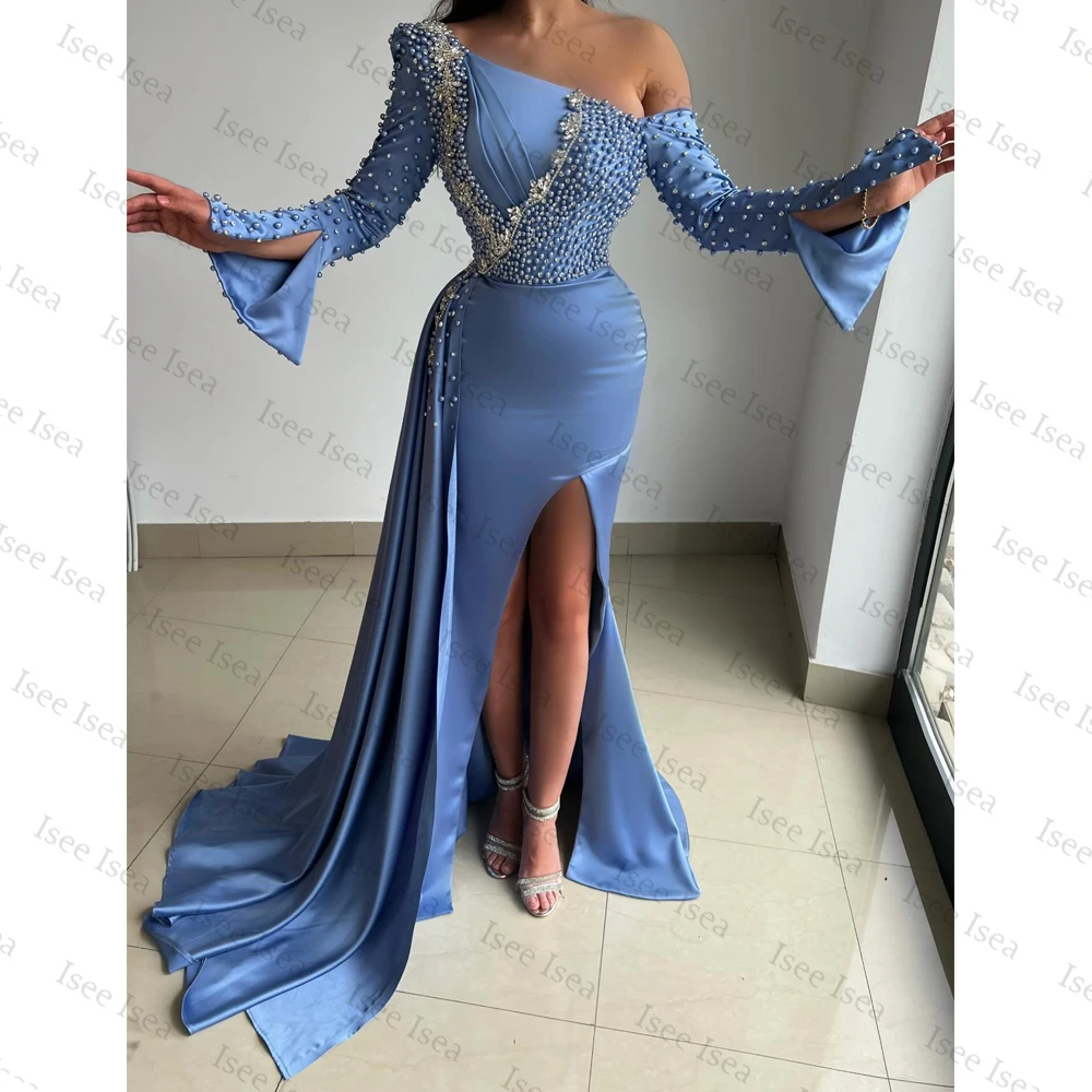 فستان سهرة من الساتان باللون الأزرق السماوي 2026 بأكمام كاملة وكتف واحد مطرز بحورية البحر فساتين أنيقة للمناسبات الخاصة حسب الطلب #1