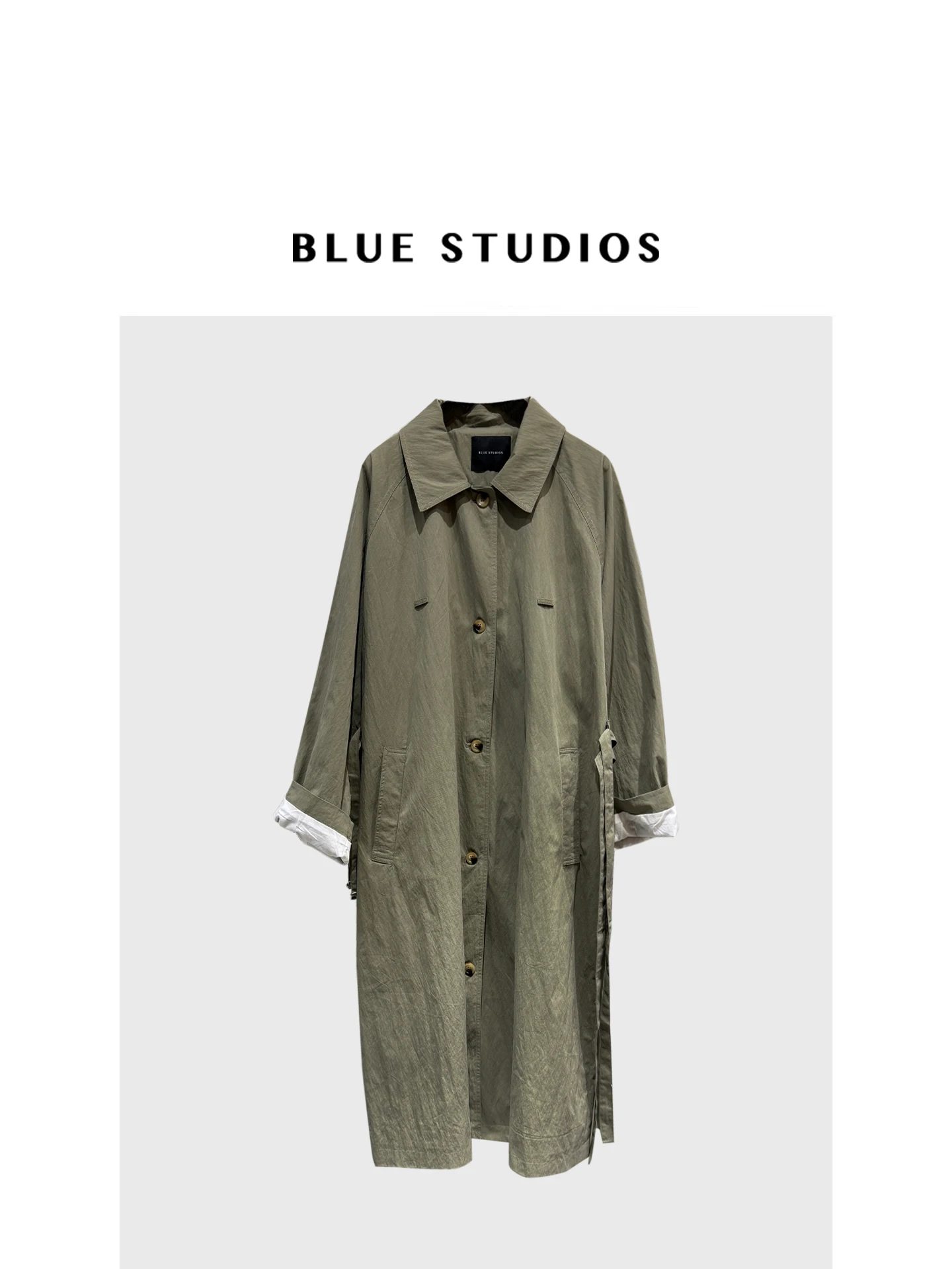 

Blue Studios Long Casual een Coat Single Button Notch Collar Loose Fit Women's Faion Autumn Season Cotton Nylon Blend