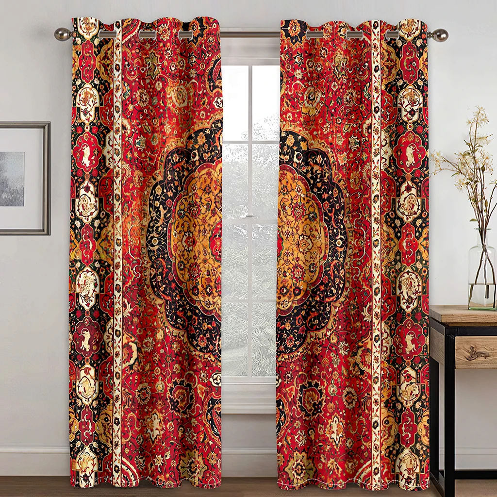 Ethiopian Classical Vintage Red Pattern Curtains 2 Panel Bohemian Style Home Decor Living Room Bedroom Curtains