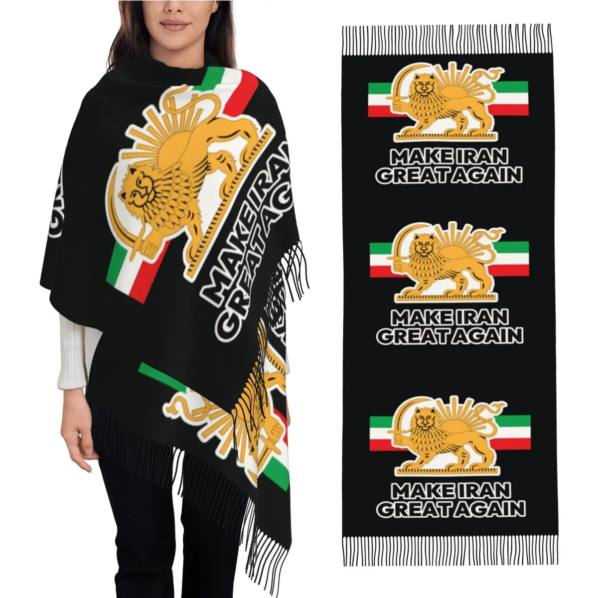

Female Scarf Outdoor Make Iran Great Again Lion Head Scarves with Long Tassel Fashion Shawls and Wrap Winter Custom DIY Bufanda