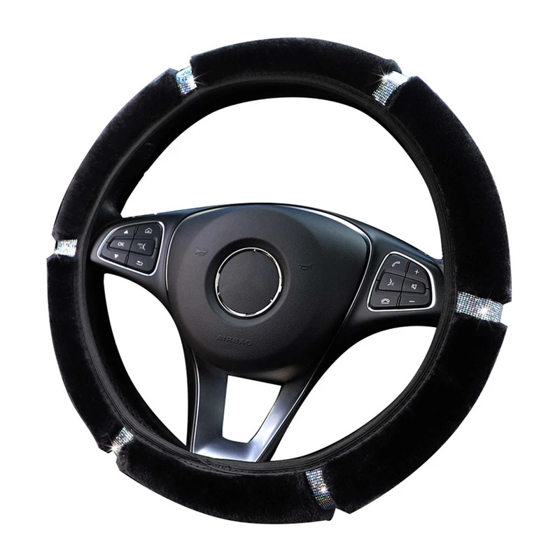Car Steering Wheel Cover Gearshift Handbrake Cover Protector Decoration Warm Soft Plush Rhinestone Black Pink Women Man