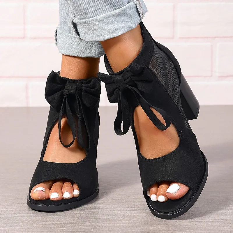 Sandals Women Peep Toe Bowknot Chunky Heeled Sandals Summer Ladies Elegant Butterfly Knot Sandals Back Zipper Fish Mouth Shoes view 2