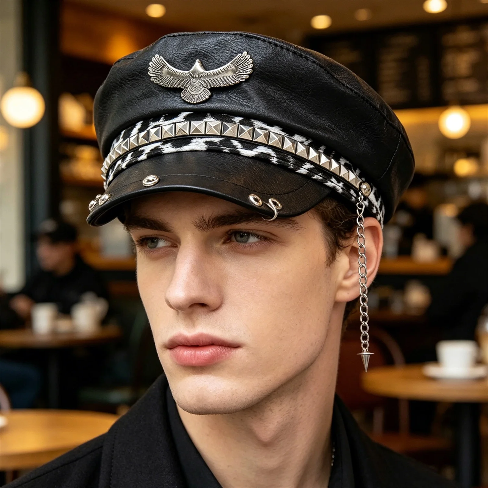 Newsboy Hat for Women Fashion PU Peaked Beret Flat Top Rivet Bird Badge Decor Painter Cap