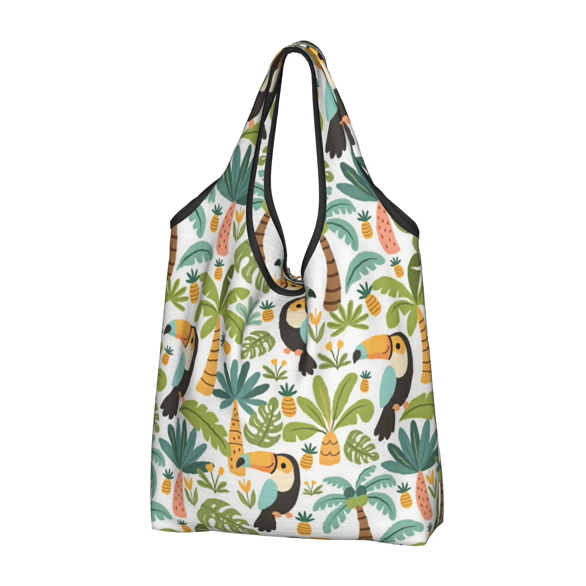 Funny Print Tucan Bird Hawaiian Style Palm Monstera Tote Shopping Bags Portable Shoulder Shopper Tropical Plants Handbag