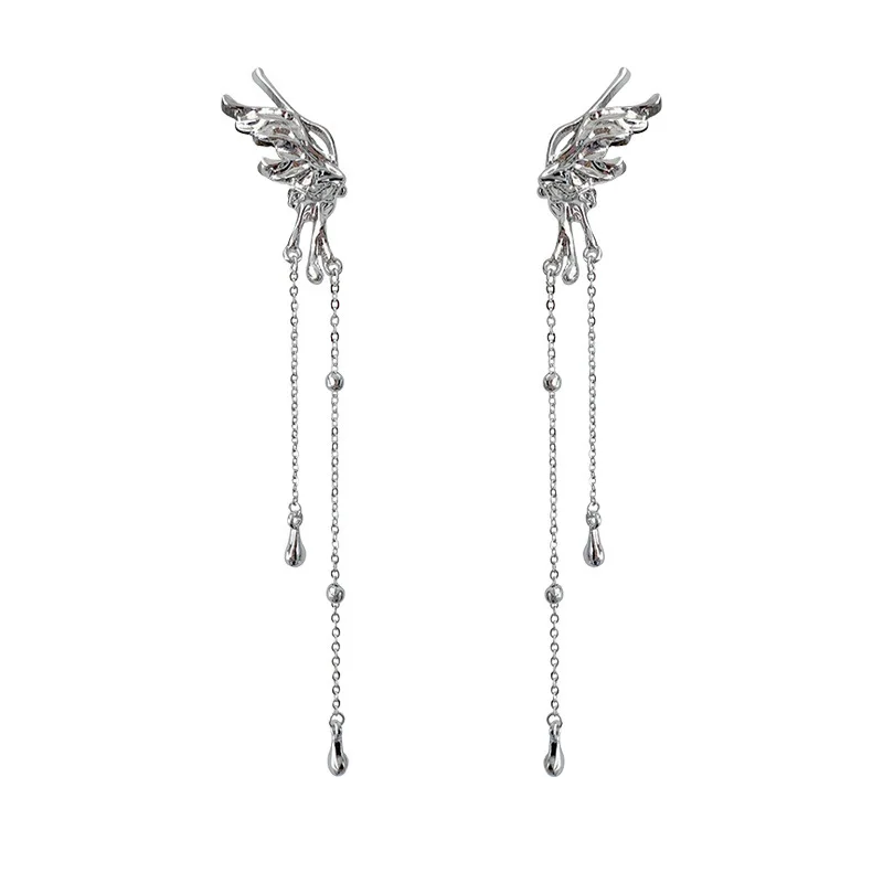 1Pair Earrings for Women Elegant Elf Butterfly Long Tassel Clip Wed Bridal Retro Kpop No Piercing Earbone Ear Cuff Jewelry Gift image 6