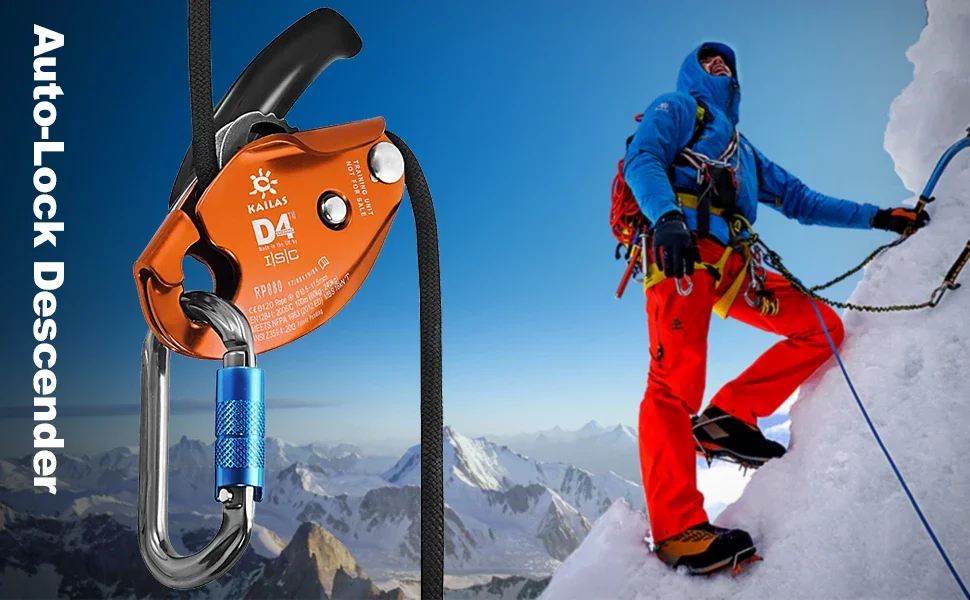 Alat Belay Pendakian Baru untuk Panjat Tebing, Penyelamatan di Puncak, Peralatan Turun Tebing KAILAS D4 Double-Stop Auto-Lock Descender