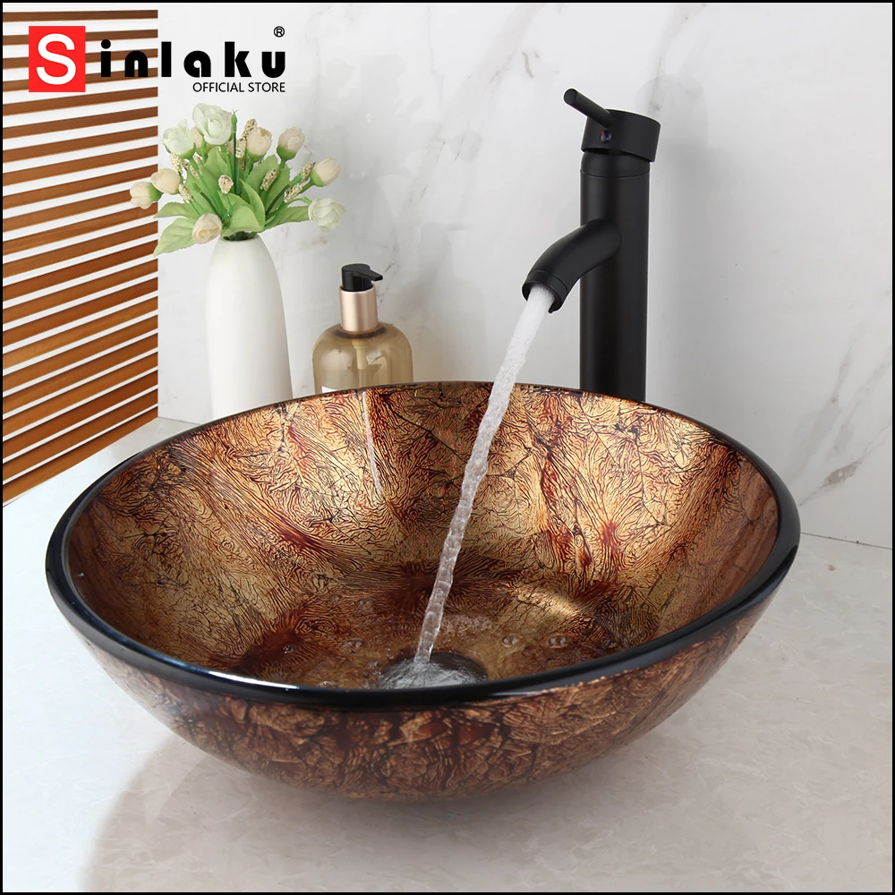 SINLAKU Brown Irregular Pattern Bathroom Tempering Glass Basin Set With Matte Black Single Handle Deck Mounted Faucet Mixer Taps