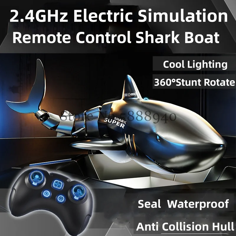 

Electric Simulation Remote Control Shark Boat 2.4G 360° Rotate Anti Collision Hull Seal Waterproof Cool Lighting RC Boat Model