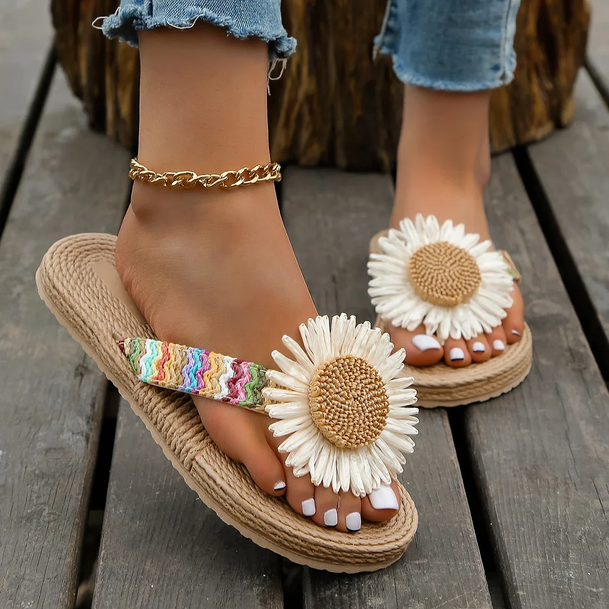 

Women's fashion trend Linen Sunflower non-slip wear comfortable soft sole flat flip-flops