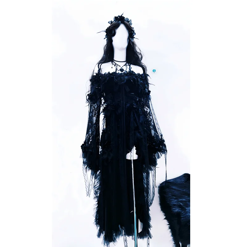 Original Design Gothic Lace Off-Shoulder Tube Top Long Dress Punk Retro Autumn Halloween Dark Waist Cincher Long Dresses Ladies