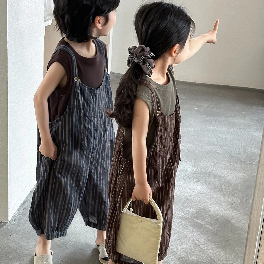 Pants 2026 Spring and Summer New Children's Clothing Korean Style Boys and Girls Mori Retro Vertical Strap Pants Simple