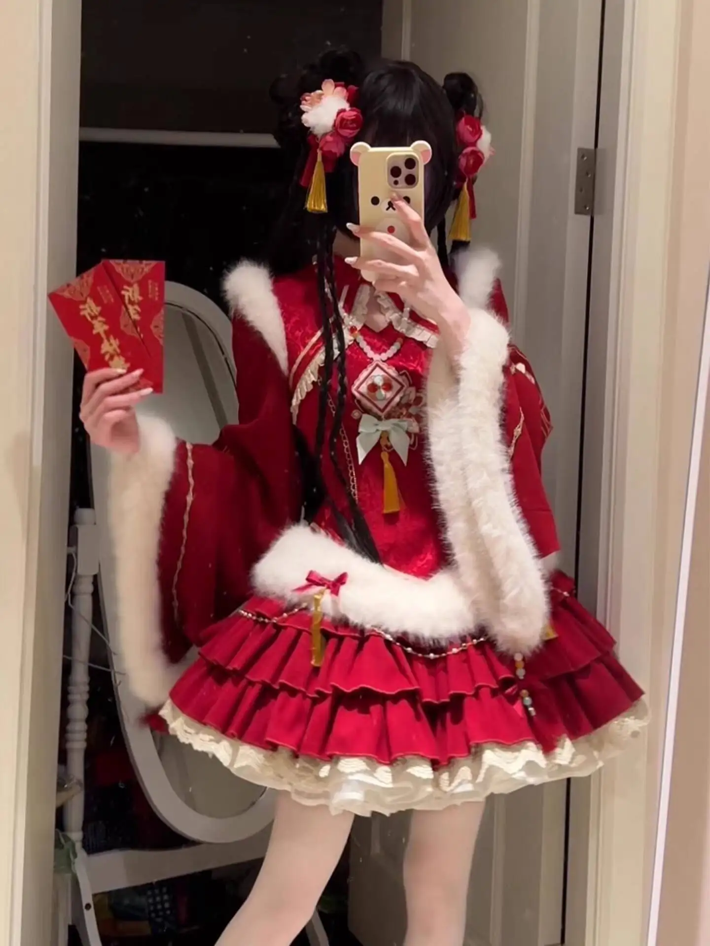 

New Chinese Style Cute Improved Cheongsam Lolita Cake Dress Long Sleeve Waist-Cinching Puff Dress Christmas New Year Outfit