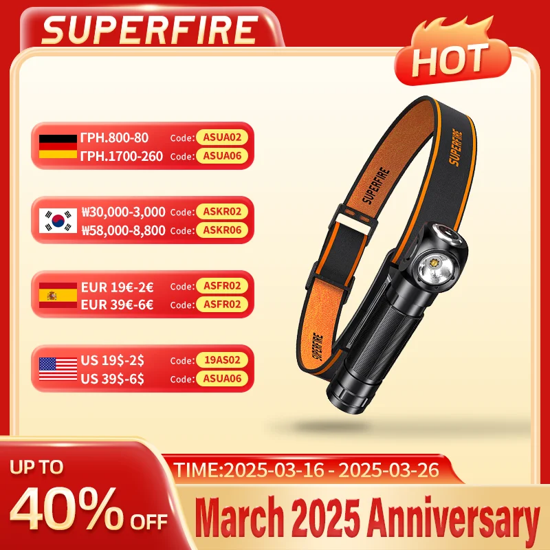 ไฟหน้า LED พลังงานสูง SUPERFIRE ล่าสุด USB ชาร์จใหม่ได้ 90 ° ไฟฉายคาดหน้าไฟฉายกันน้ําขนาดเล็กแม่เหล็กไฟฉายหาง