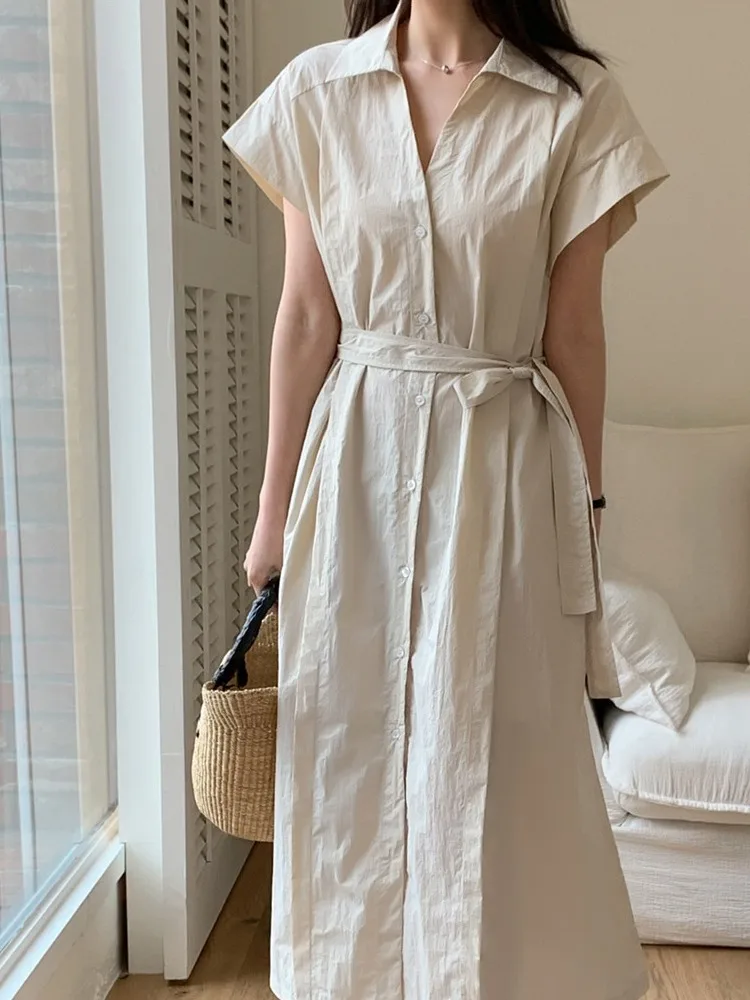 Elegant Shirt Dress Women's Fashion Belted Waist Tie Neck Long Skirt Casual Short Sleeve V-neck Summer New Arrival
