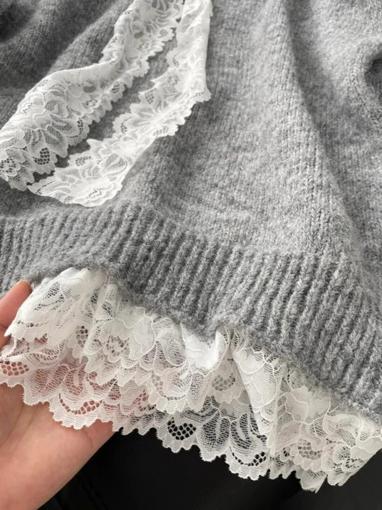 Y2K Japanese Loose Sweater Office Lady Autumn Winter Korean Fairy Bow Knitted Pullover Female Sweet Lace  Oversized Y2k Outfits