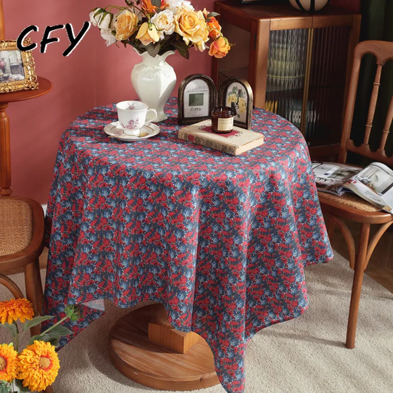 

Cotton Linen Retro American Red Fragmented Flowers Background Rectangular Wedding Dining Table Cover Tea Table Cloth