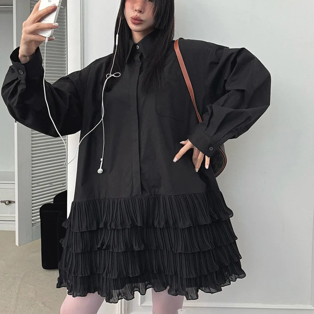 Outono feminino coreano dongdaemun nicho design sentido, cor contrastante emenda bolo camisa vestido