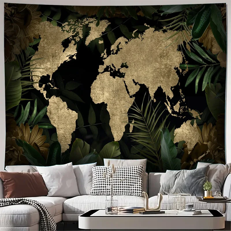 Tapisserie murale bohème avec carte du monde, esthétique jungle tropicale, feuillage botanique, imprimé géographique vintage, décoration murale