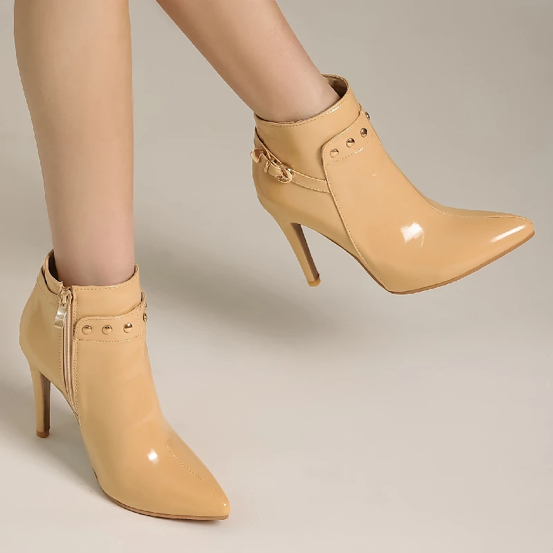 Fashion Women\'s Ankle Boots Patent Black Green Short Boot Point Waterproof High Heels Party Dance Shoes Female Large Size 45 50