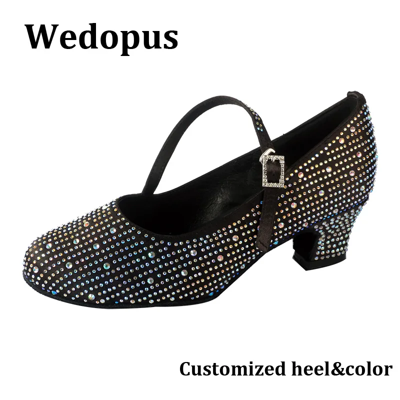 

Wedopus Customized Ballroom Rhinestone Latin Dance Shoes Suede Sole Practice Dancing Heels Mary Janes Dropshipping