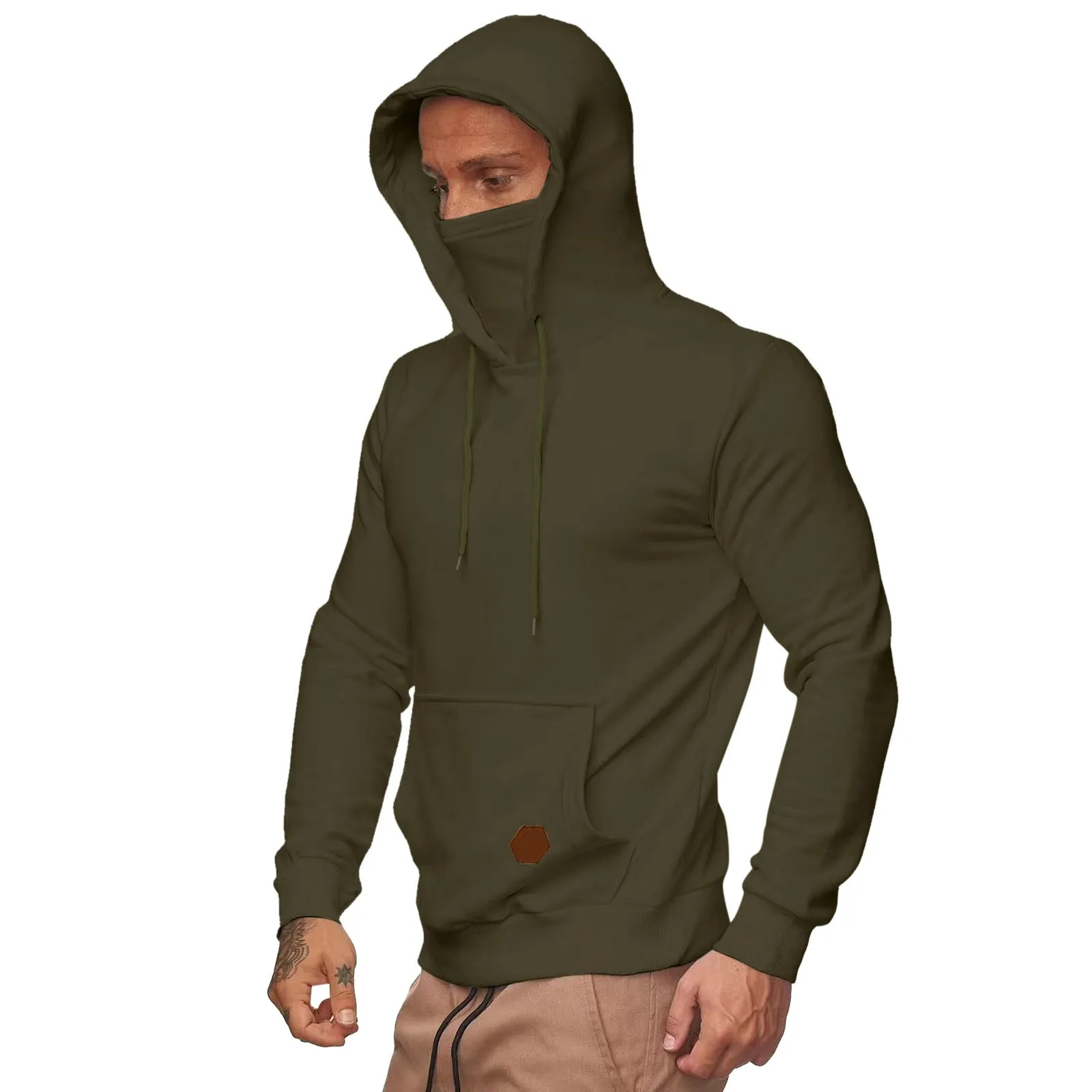 Mens Gym Hoodie Long Sleeve with Mask Sweatshirt Hoodies Casual Splice Large Open-Forked Male Clothing Mask Button Sports Hooded