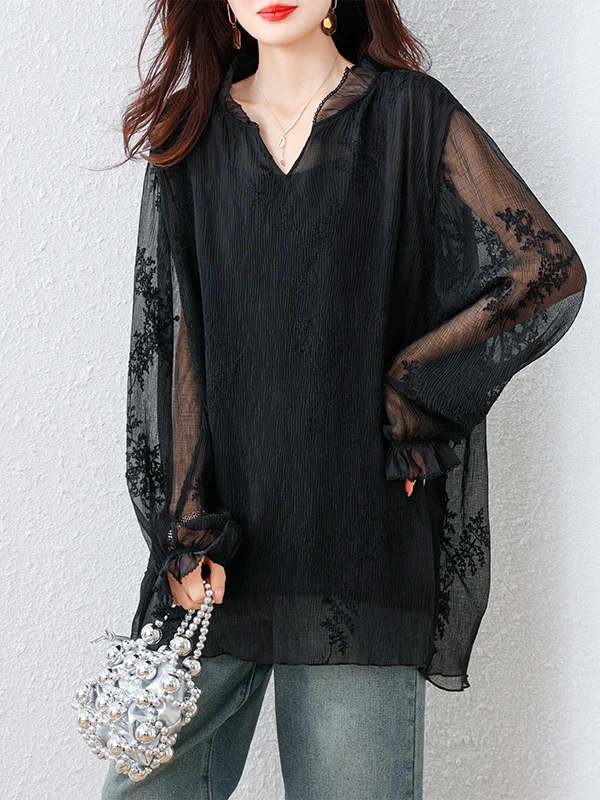 

Loose Fit Mid-Length Lace Embroidered Long Sleeve Shirt Women's Spring Fashion Original Design Casual Top Elegant Base Layer