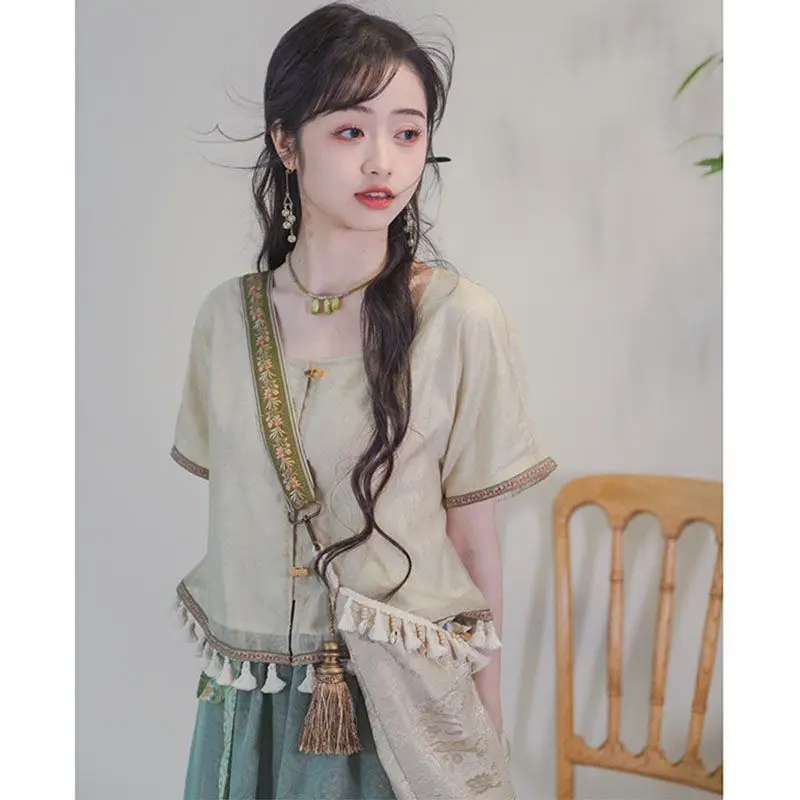 New Chinese Ancient Style Immortal Style Set for Women's SummerVivid and Cute Tassel Short Sleeve TopZen Drip Feel Casual Pants