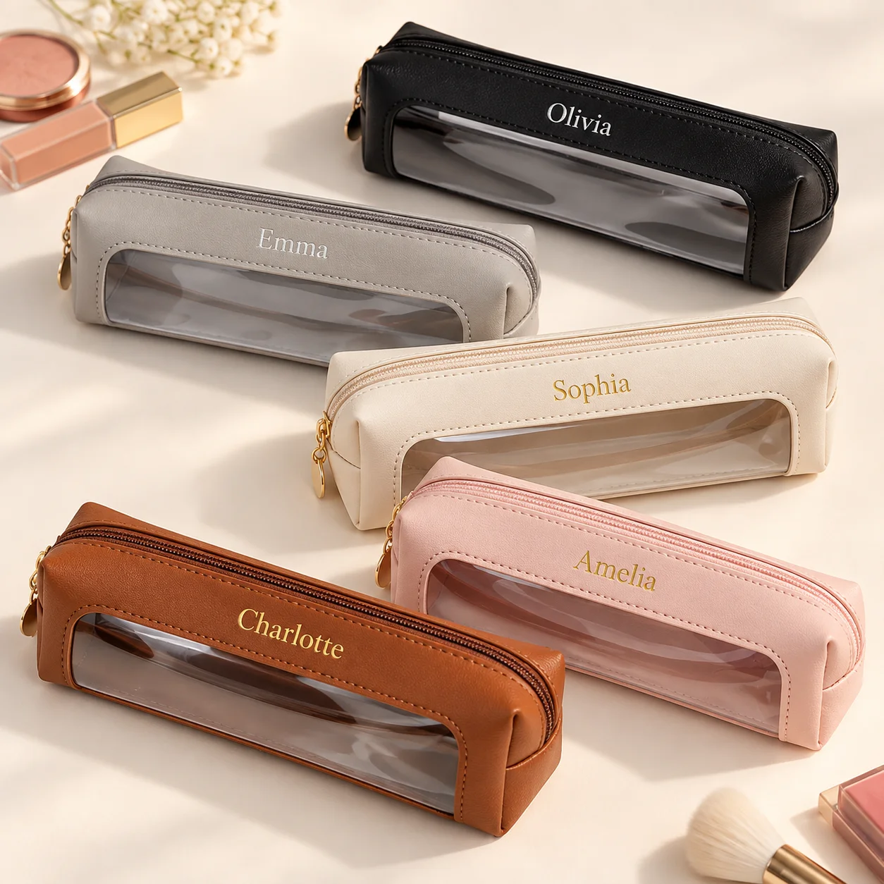 Custom Hot Gold‑Silver Stamping Name Pouch, PU Leather Clear‑View Cosmetic Bag, Multi‑Purpose Zipper Gift for Students & Ladies