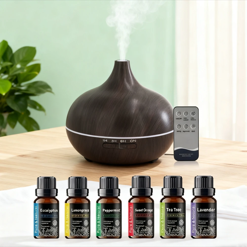 

Диффузор эфирного масла под дерево, 550 мл, с ультразвуковым увлажнителем холодного тумана с дистанционным управлением, 7-цветная светодиодная подсветка и 6 эфирных O