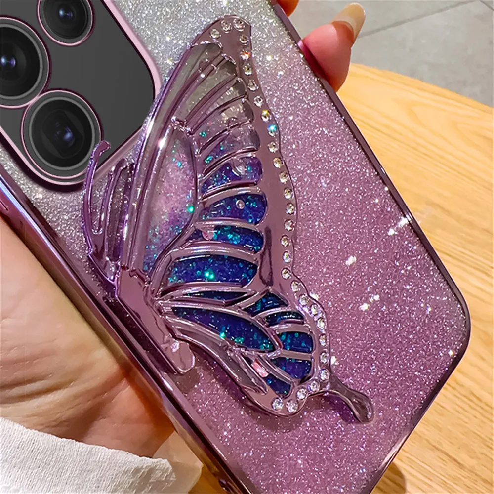 3D Cartoon Butterfly Quicksand Phone Case For Samsung Galaxy S24 Ultra S23 FE S22 S21 S20 S10 Plus Note 20 Plating Glitter Cover