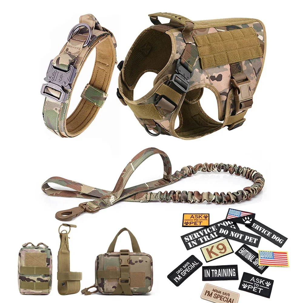 

Large Military Dog Harness Collar Leash Bags Patches Set Malinois Pet Training Walking Hiking Vest Tactical Dogs Harnesses Safe