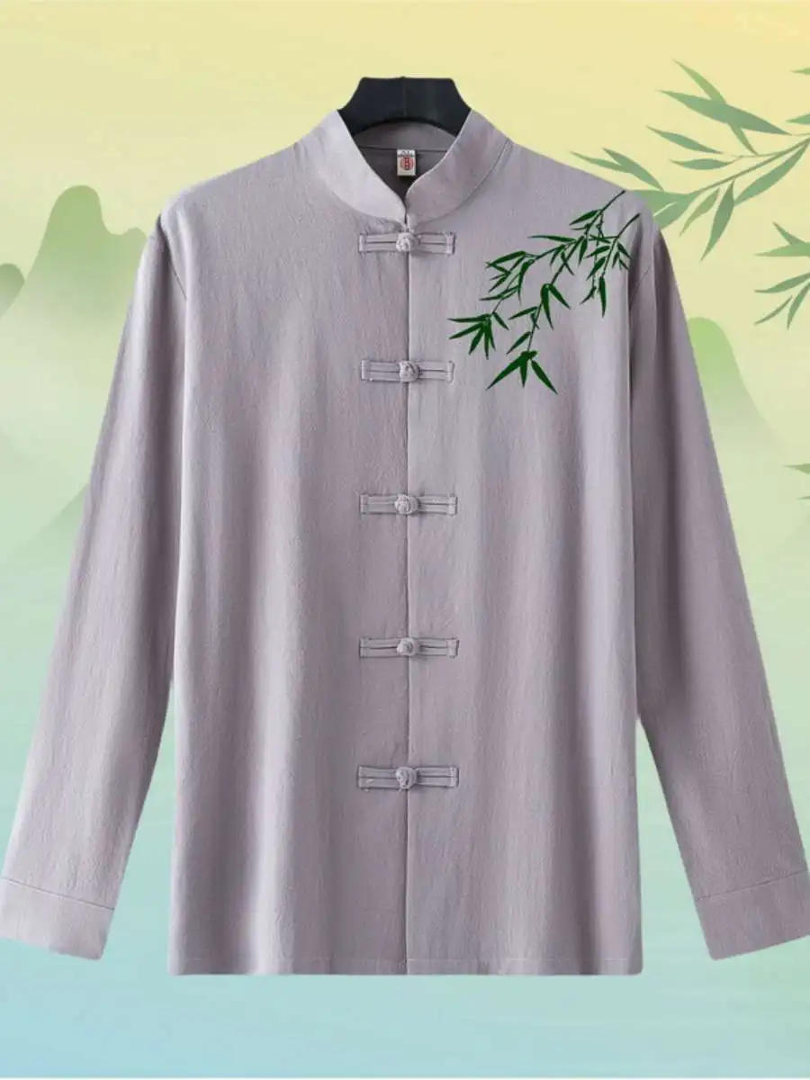 

Новая мужская рубашка-сорочка в китайском стиле, повседневная, с бамбуковым принтом, воротником-стойкой, весенняя, больших размеров, в стиле ретро, на пуговицах