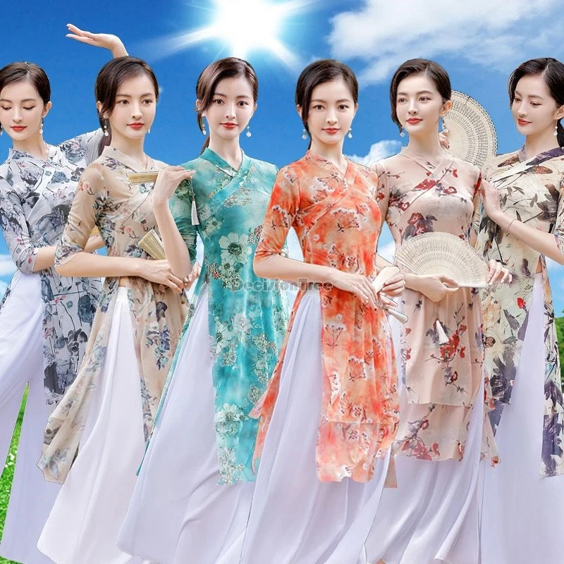 

2024 slim vietnam aodai oriental folk dance set improved cheongsam printing top fairy loose pants ao dai stage performance suit