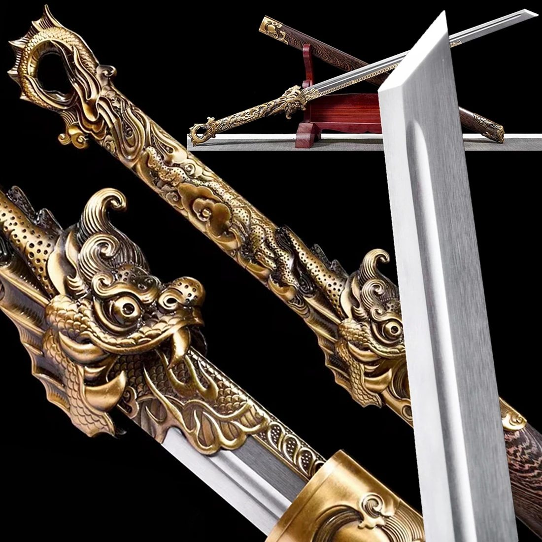 Metal Handle Dragon Broad Sword KungFu Saber Jian High Manganese Steel Blade Chinese WuShu Tang Straight Knife Pear Wood Sheath