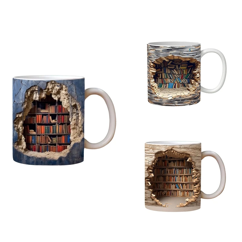 3D Bookshelf Mug A Library Shelf Cup,Creative Space Design Multi-Purpose Ceramic Mug, 3D White Mug