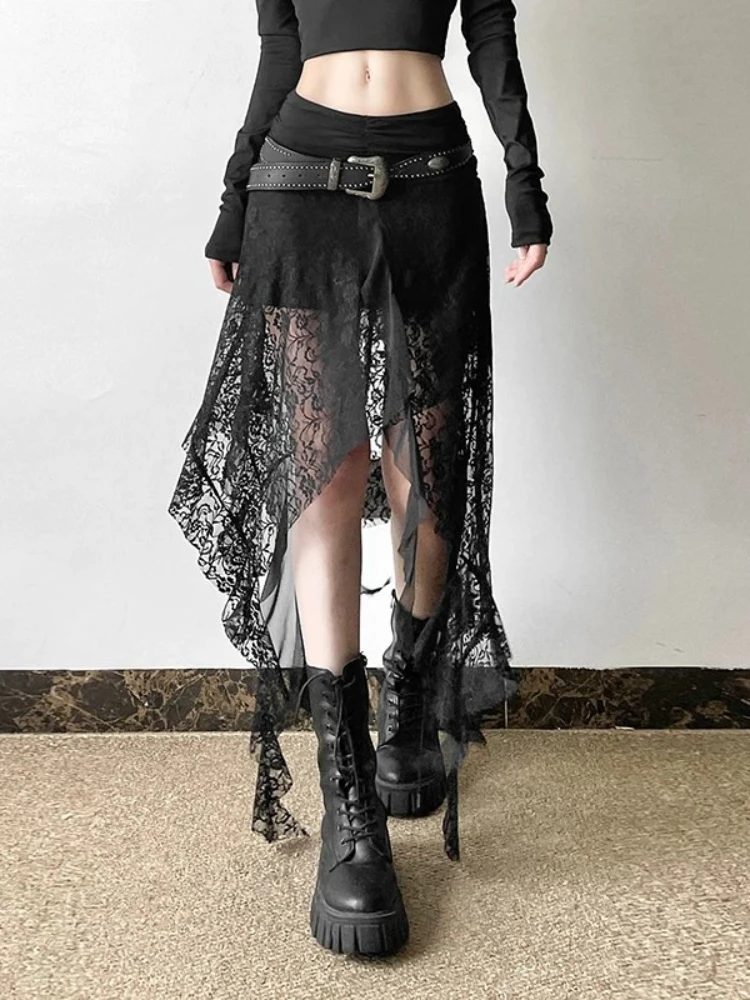 Midi Skirt Black Lace Patchwork High Waist Slimming Fitting Irregular Edgy Cool Chic Ultra Gorgeous Stunning Trendy Dress