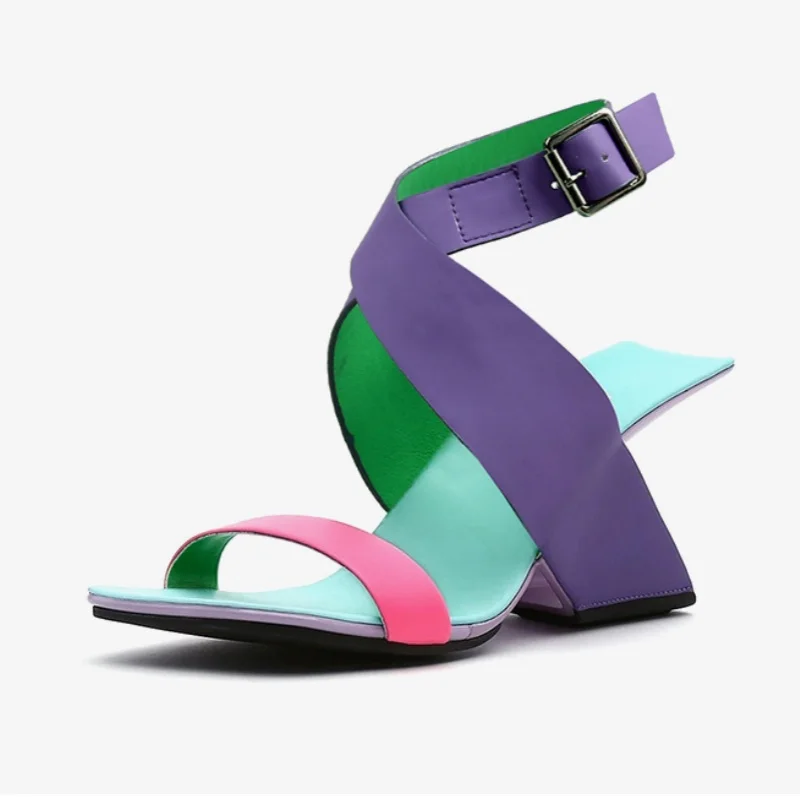 

Женские туфли-лодочки на странном каблуке с квадратным носком и пряжкой, женские сандалии с открытым носком, однотонные женские туфли на высоком каблуке