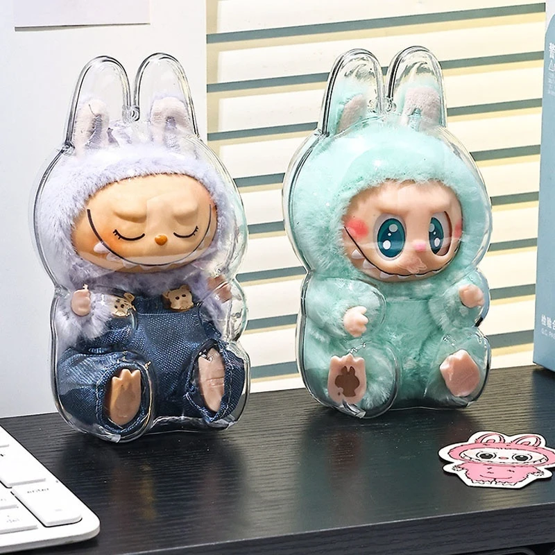 Capa protetora transparente labubu grossa e resistente a quedas, capas protetoras de armazenamento à prova de poeira de primeira e segunda geração