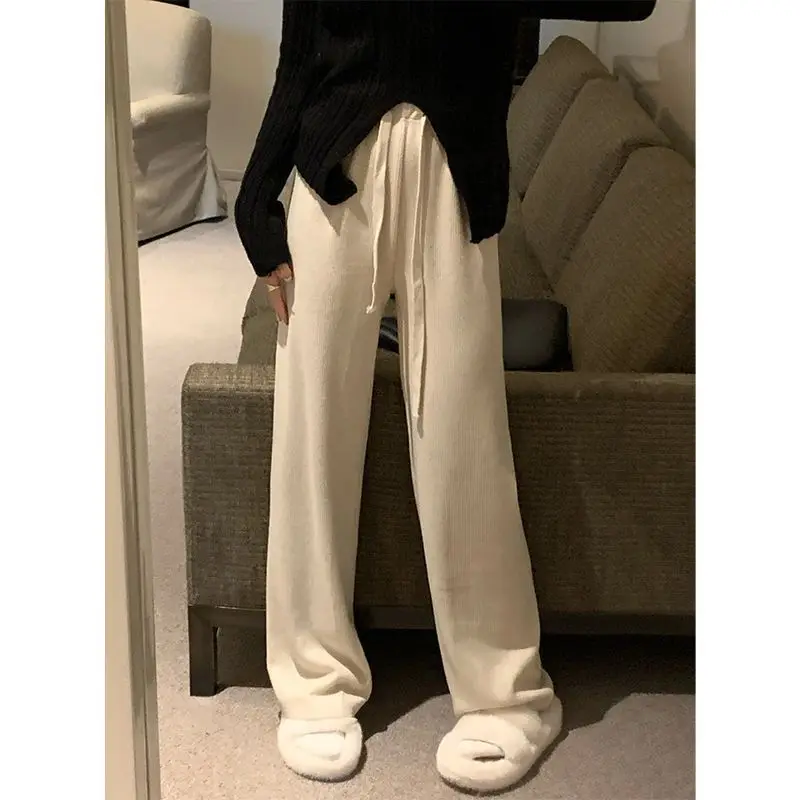 

Women Pants Casual Warm Loose Knitted Wide Leg Pants High Waist Soft Waxy Comfortable Fashion Straight Trousers for Women Q179