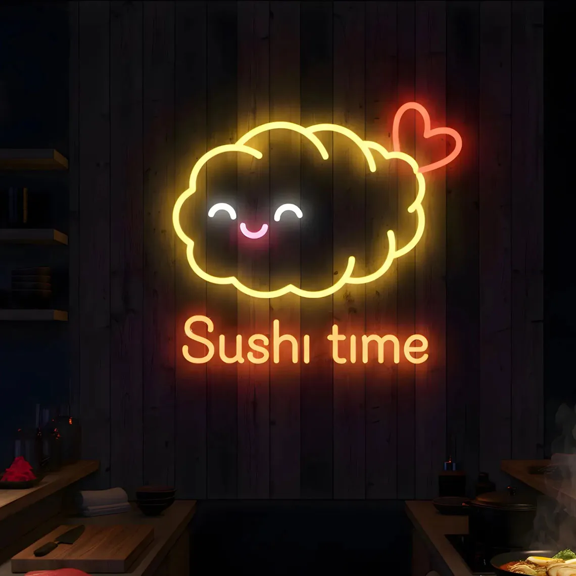 Sushi Time Neon Sign with Shrimp,Sushi Wall Art,Sushi Counter/Restaurant Decor,Gift for Japanese Eatery Owners/Chefs/Food Lover