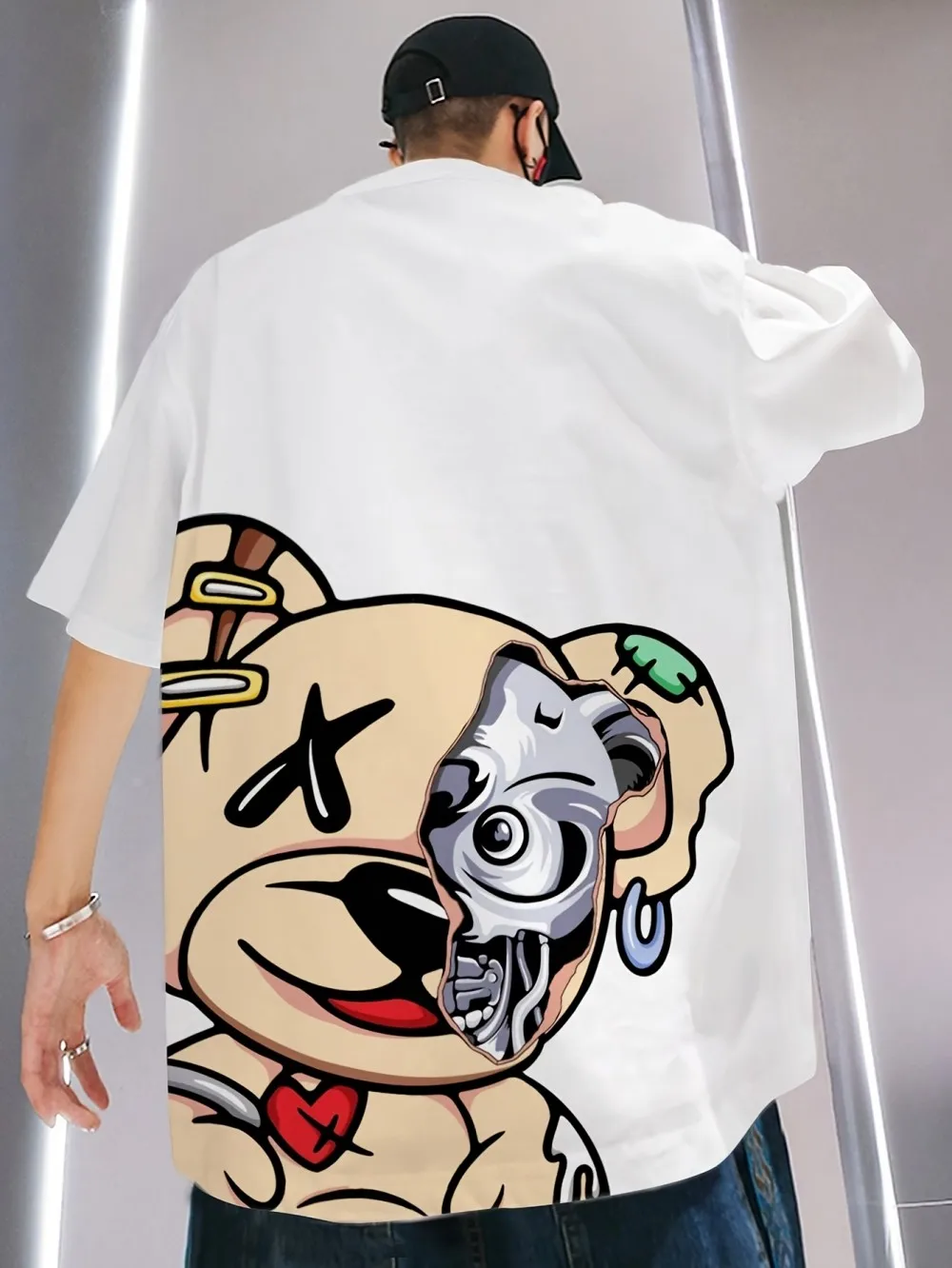 European and American Men's Summer Fun Mechanical Teddy Bear Print Soft and Breathable Round Neck T-Shirt Outdoor Street Top